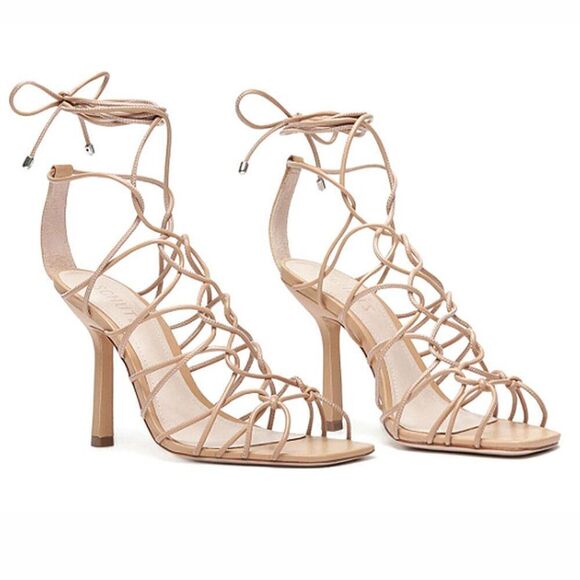 Schutz, “Heyde” Leather Sandal, Lace-Up, Stilleto Heel, Square Toe - Size 8, Tan - Picture 1 of 16
